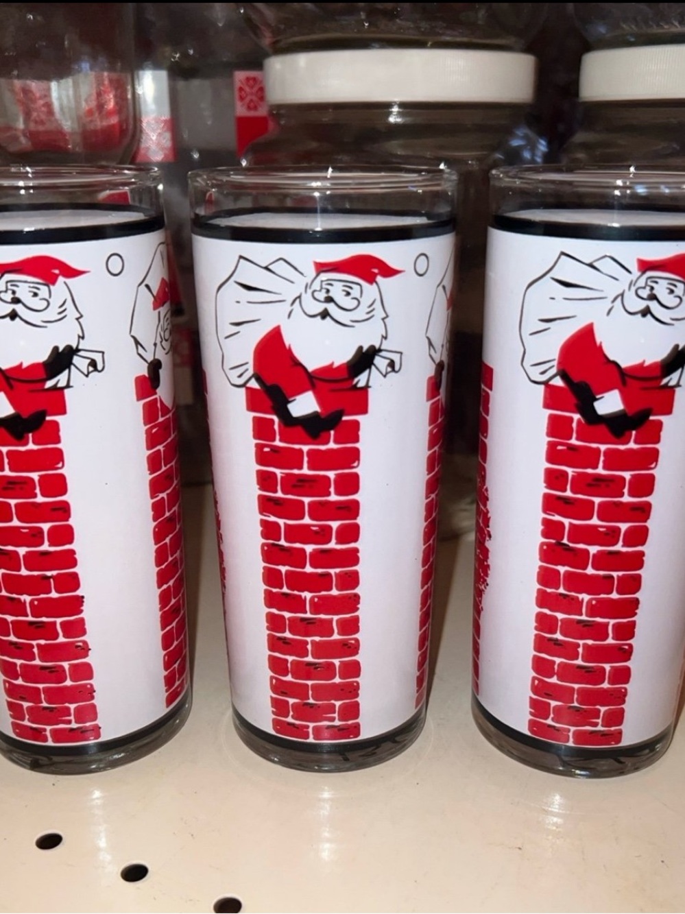 S/3 VINTAGE MCM “SANTA STUCK IN CHIMNEY” HIGHBALL GLASSES BY LIBBEY